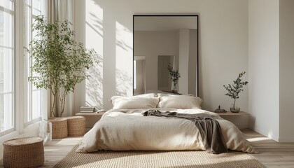 Modern minimalist bedroom design featuring natural light and simple decor in a relaxing setting