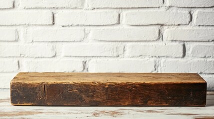 4.A rectangular wooden pedestal with beveled edges on a farmhouse-style kitchen table, white brick wall providing a textured and neutral backdrop under diffused lighting.