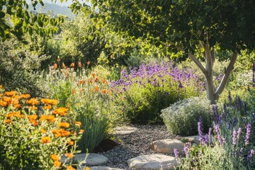 Naklejka premium A garden with a path lined with flowers and a tree