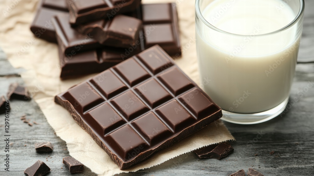 Poster chocolate bar pieces next to a glass of milk on a rustic wooden table. generative ai