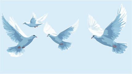 Obraz premium Digital illustration depicting four doves in flight against a light blue background. Two doves are predominantly blue, while two are predominantly white. The style is soft and painterly, with a