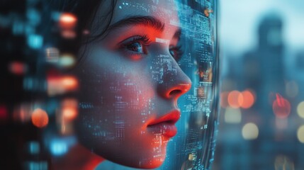 Woman's face overlaid with futuristic digital data, cityscape background.