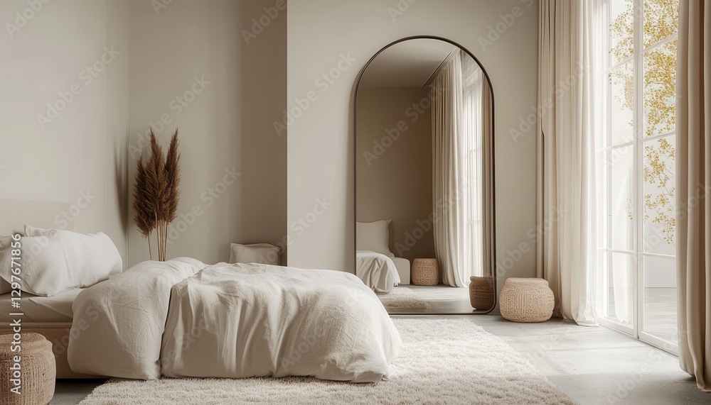 Poster modern minimalist bedroom design featuring natural light and simple decor in a relaxing setting