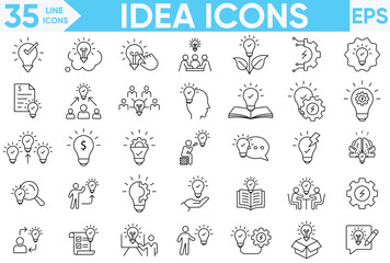 Idea icon set.teamwork, co-workers, cooperation, solution,  motivation, brainstorming, goal, brainstorming, thinking, innovation and more.Vector and illustrator set.
