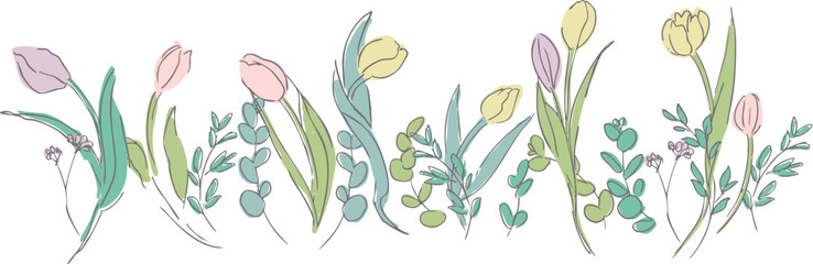線画。シンプルな春のチューリップイラスト。線画で描いたチューリップ。Line drawing. Simple spring tulip illustration. Tulip drawn by line drawing.