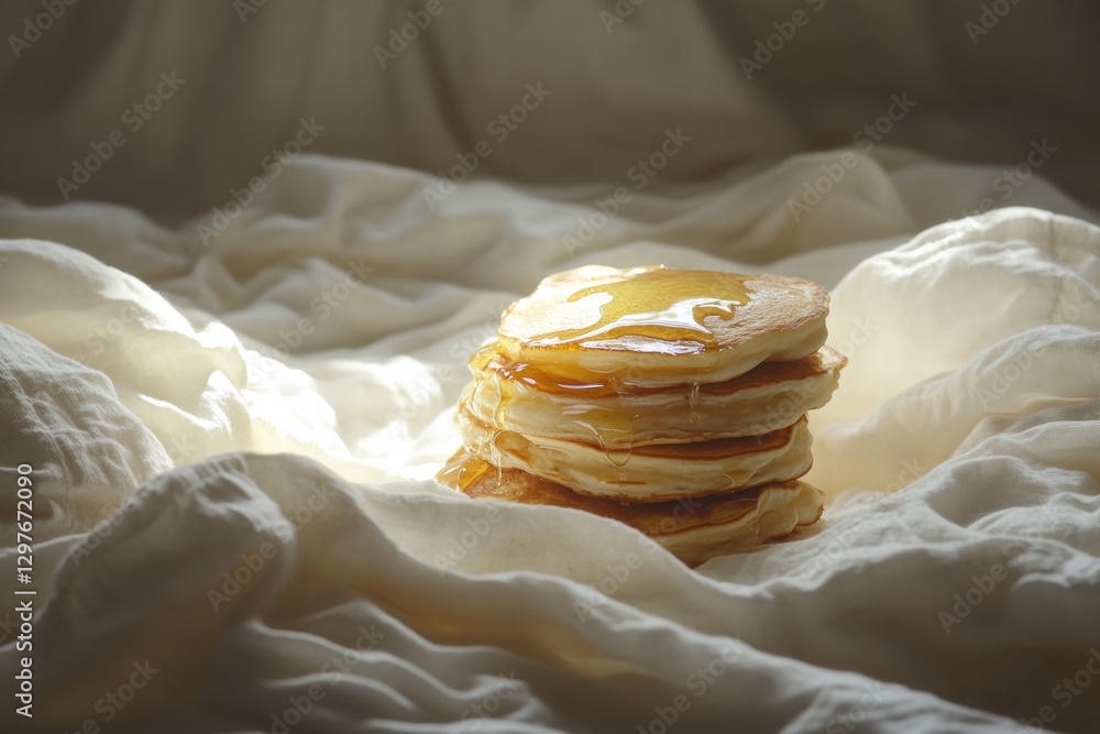 Poster fluffy pancakes stacked high on a soft white fabric with golden syrup glistening in warm light. gene