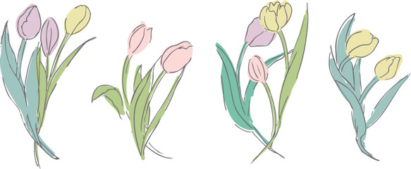 線画。シンプルな春のチューリップイラスト。線画で描いたチューリップ。Line drawing. Simple spring tulip illustration. Tulip drawn by line drawing.