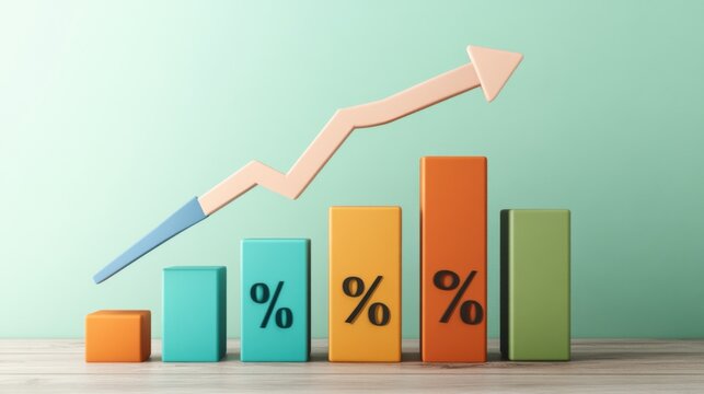 A digital interface showing a dynamic financial growth chart with arrows and percentage changes - Powered by Adobe