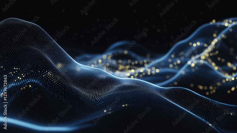 Poster Abstract digital landscape with flowing blue dots and glowing golden particles, representing data visualization and futuristic technology. Ideal for AI, big data, and innovation themes