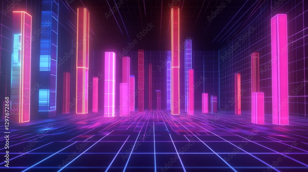 Poster a futuristic d graph with glowing neon bars and lines, floating above a digital grid background