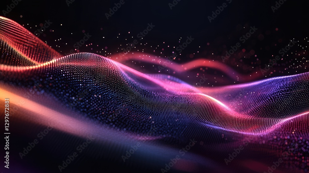 Poster abstract digital wave of glowing pink, purple, and orange particles flowing in dark space, symbolizi