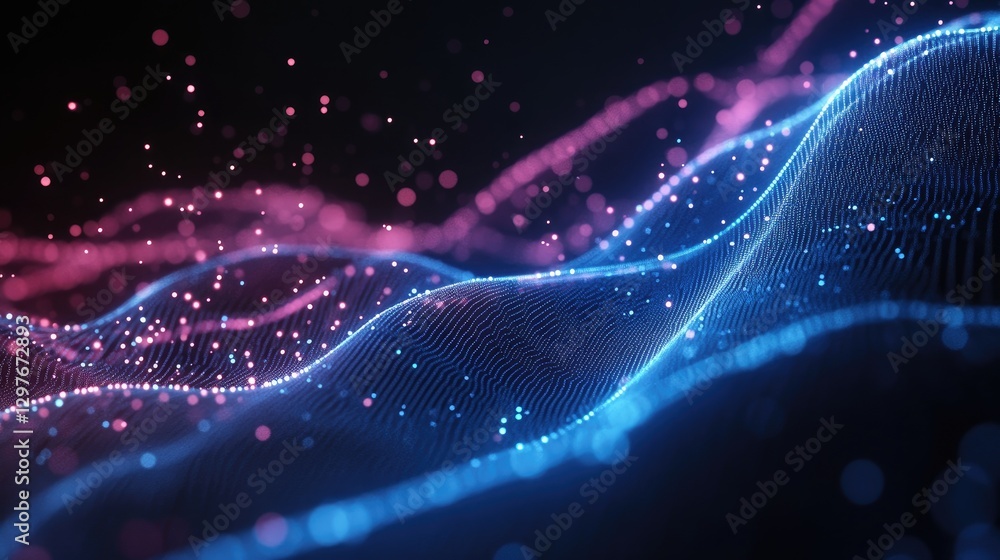 Aufkleber abstract digital wave of blue and pink particles flowing in a dark space, symbolizing futuristic tec