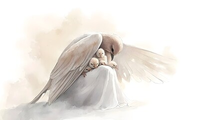 Watercolor painting depicting a mother bird sheltering her young chicks under the protective embrace of her wings