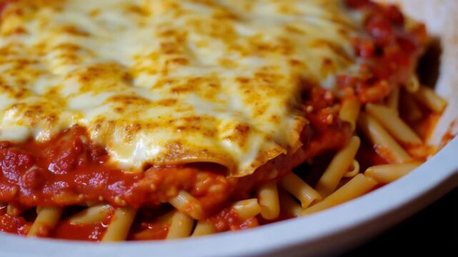 Cheesy baked ziti pasta with marinara sauce, golden melted cheese, warm kitchen light
