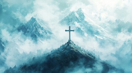 Cross on a Misty Mountain Peak