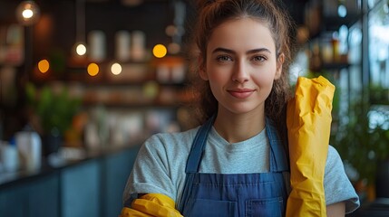 Female janitor holding cleaning supplies while maintaining a professional workspace. 