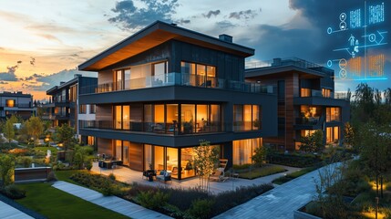 Obraz premium Modern Residential Complex with Landscaped Gardens at Dusk