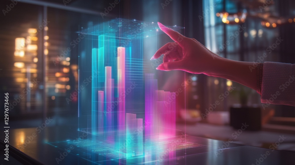 Aufkleber a hand interacting with a holographic d bar graph, adjusting data points in a high-tech office setti