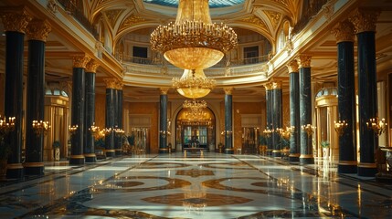 Obraz premium Grandiose Hotel Lobby with Crystal Chandeliers and Luxury Decor