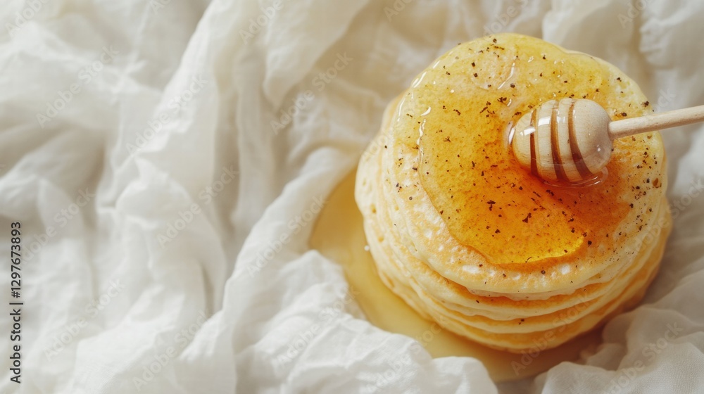 Poster fluffy pancakes stacked high with honey drizzle and syrup on a cozy white cloth. generative ai