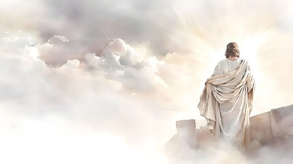Fototapeta premium Dramatic and powerful image of heavenly rays of sunlight bursting through parting dark storm clouds in a soft watercolor style painting with gentle earth toned brushstrokes blending seamlessly