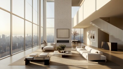 A high-ceilinged minimalist living room with a neutral color scheme, floor-to-ceiling windows, and modern furniture