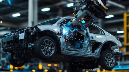 Robotic arm welding car body during manufacturing process in modern factory.  High-tech automotive production line.