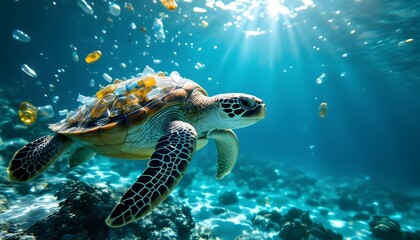 Fototapeta premium On World Oceans Day, a turtle glides through the ocean, surrounded by discarded plastic bottles