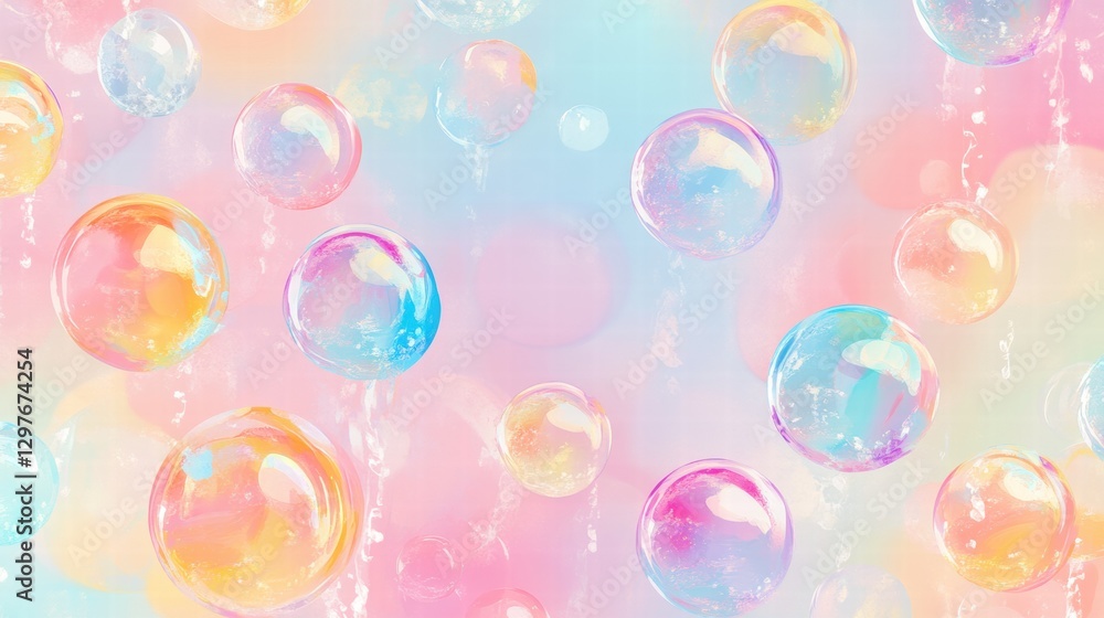 Poster Colorful soap bubbles create a vibrant and playful atmosphere with a repeating pattern in the background. Generative AI