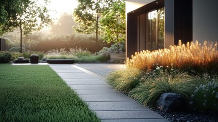 Obraz premium Modern garden pathway at sunrise