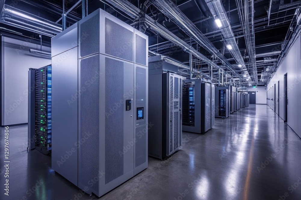 Poster a row of computer servers are lined up in a room