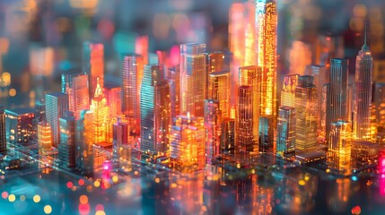 Obraz premium Vibrant City Skyline at Night with Colorful Lights and Busy Streets