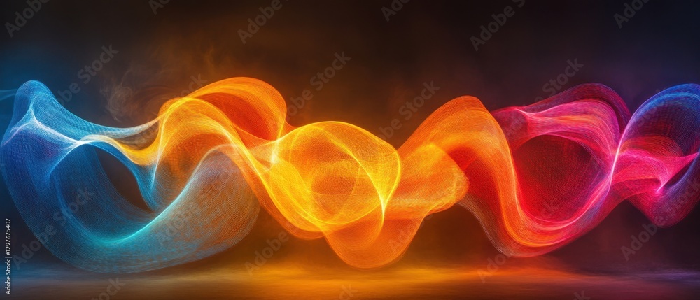 Poster abstract wave of interwoven light threads in dynamic motion against a dark backdrop for modern desig