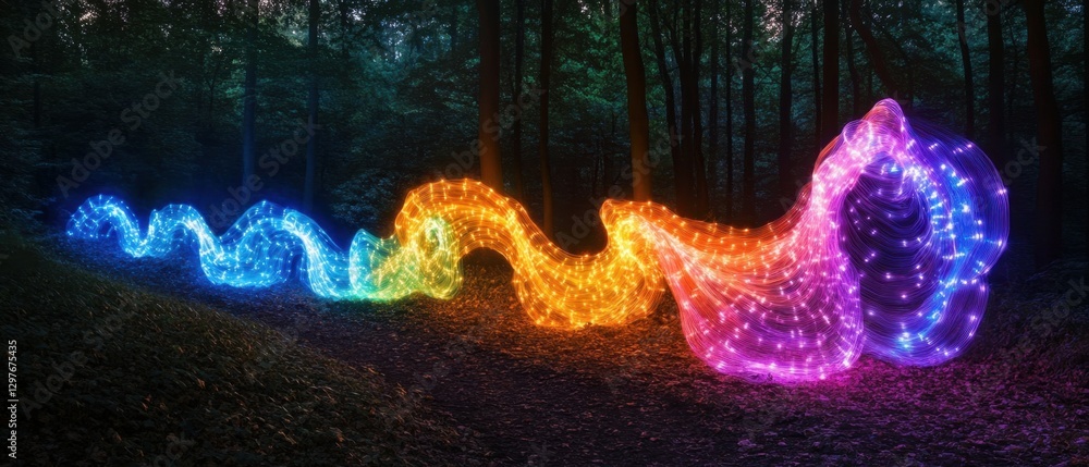 Poster enchanting light painting in a dark forest with vibrant colors creating a magical and ethereal atmos