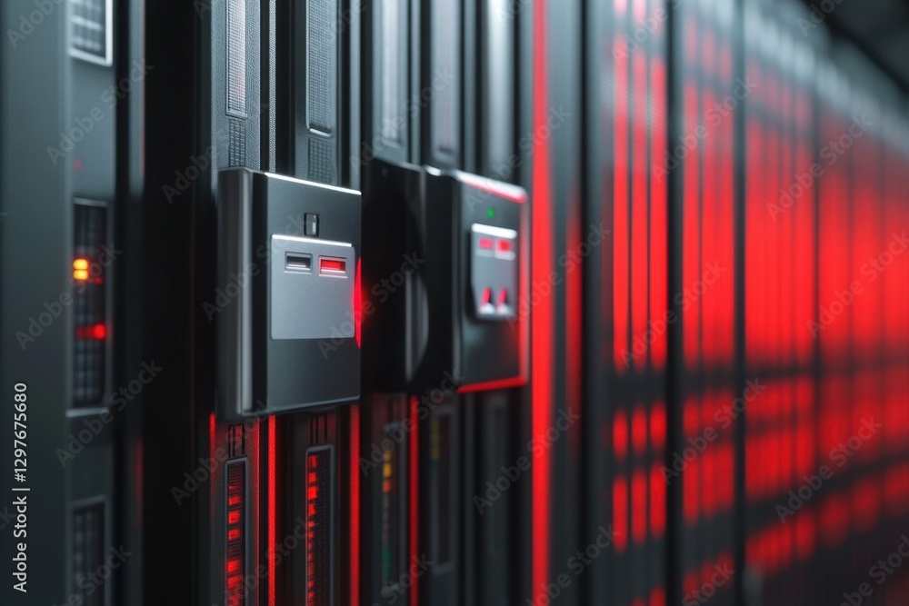 Poster a row of computer servers with red lights on them