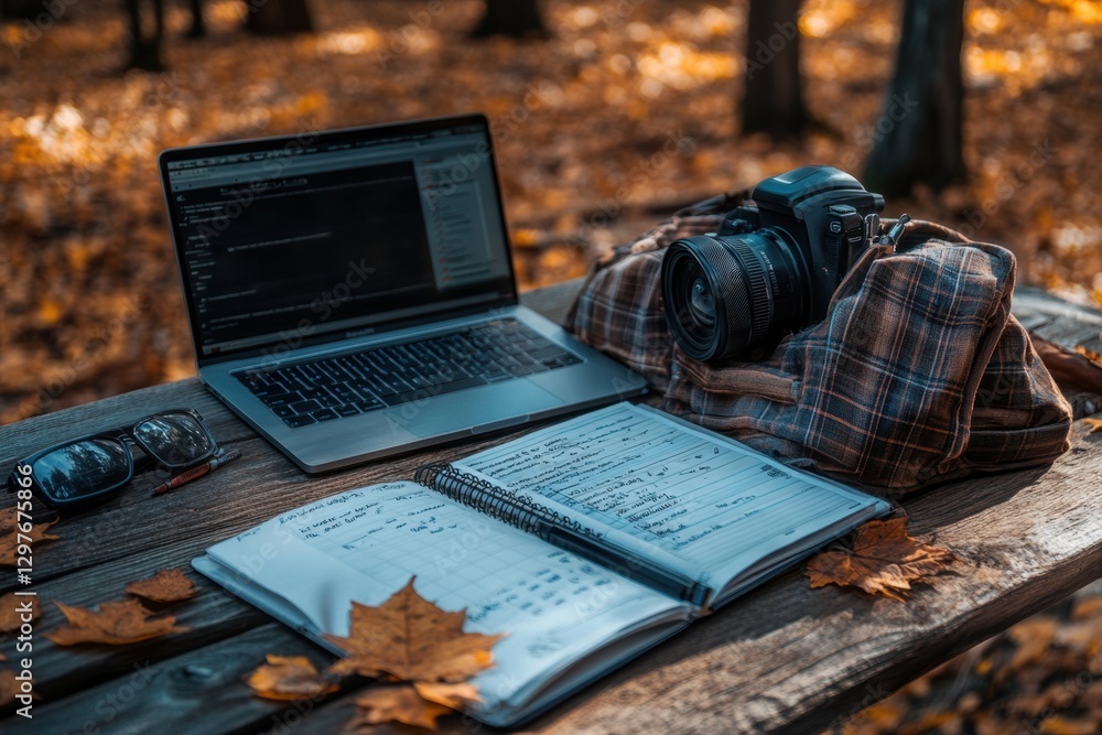 Poster a laptop and camera are on a table with a notebook and a pair of sunglasses