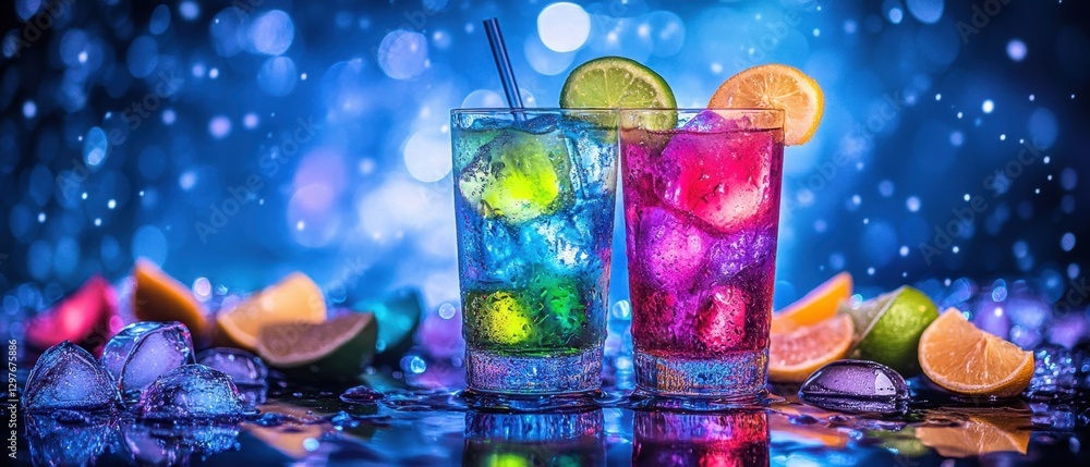 Poster vibrant cocktails with citrus slices and ice cubes against a bokeh background creating a refreshing 