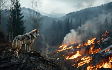 Wolf Stands on Ridge Overlooking Forest Fire in Smoky Wilderness