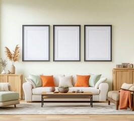 Modern Living Room with Cozy Decor and Three Empty Frames