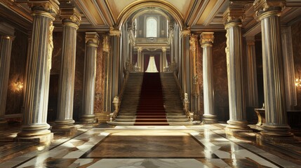 A palatial entrance hall with grand marble columns, gold accents, and a regal staircase