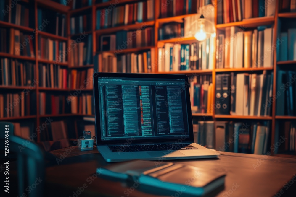Aufkleber a laptop is open on a desk in front of a bookshelf