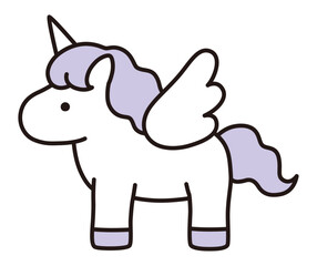 かわいいユニコーンのベクターイラスト。馬、角、動物、羽、ドリーミー、線