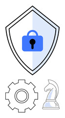 Shield with lock at center represents security gear and chess knight symbolize strategy, planning, technology. Ideal for cybersecurity, encryption, IT infrastructure, data privacy, risk management