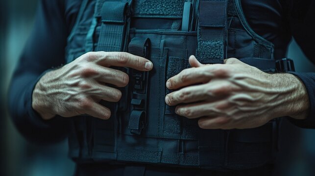 A person is adjusting the protective vest with their hands