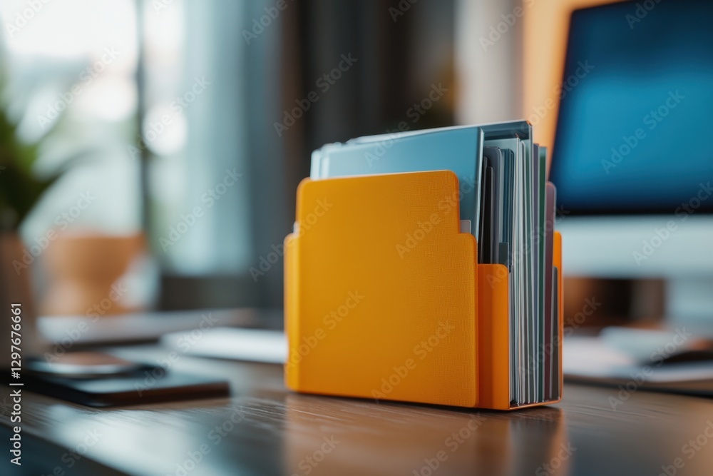 Poster a stack of papers is sitting on a desk next to a computer monitor