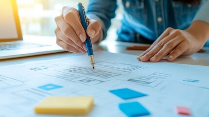 A professional designer using high-quality colored pens to sketch a product concept on a blueprint