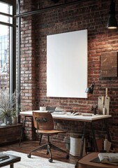 Industrial loft workspace with blank canvas