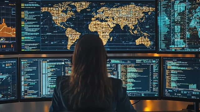 Cybersecurity Analyst: A skilled female cybersecurity analyst diligently monitors a network of computer screens displaying complex code and a global map.