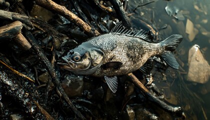 Obraz premium Black Fish on Wet Rocks Surrounded by Twigs and Muddy Water