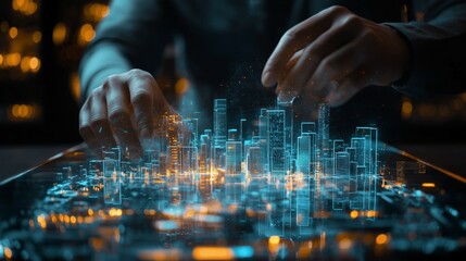 Hands Interacting with Digital City Model in Futuristic Environment